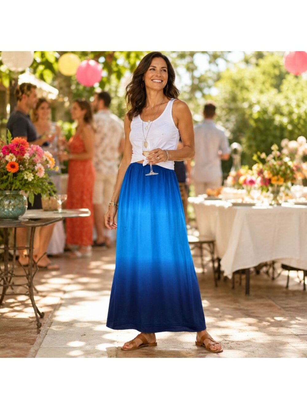 Women M Skirt Blue Ombre Chiffon Silk Long Lined Festive Boho Party A.B.S.Studio